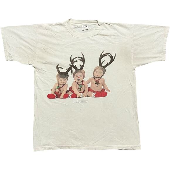 Anne Geddes Christmas Reindeer Babies 90’s Vintage T-Shirt - Picture 1 of 4